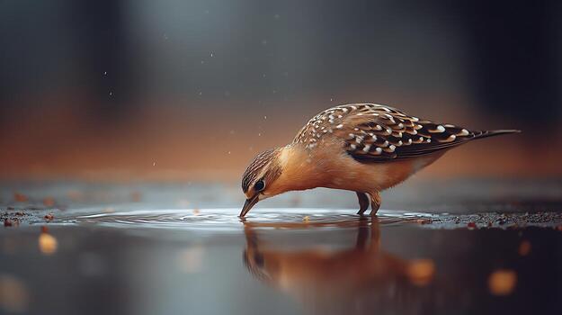 A small bird peering into a puddle, reflecting its image, with soft bokeh background photo