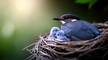 A serene scene of a kingfisher bird nurturing its three fluffy chicks in a cozy nest surrounded by lush greenery photo