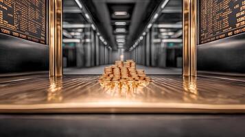 A stack of gold bars in a modern vault, illuminated by soft lighting, creating a sense of security photo