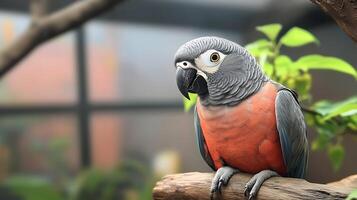 A vibrant parrot perched on a branch amidst lush greenery in a serene indoor setting photo