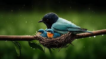 A vibrant bird with droplets perched over its nest of two chicks on a rainy day in nature photo