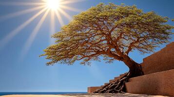 A solitary tree with expansive roots stands against a bright sunlit sky by the ocean photo