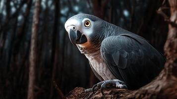 A striking gray parrot perched on a branch in a dark, mysterious forest, surrounded by blurred trees photo