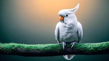 A serene white cockatoo perched on a moss-covered branch, illuminated by a soft sunset glow photo