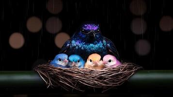 A vibrant bird perched protectively over its colorful chicks in a cozy nest, with a blurred bokeh background photo
