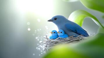 A serene scene of a bluebird and its two chicks nestled in a cozy nest surrounded by lush greenery photo