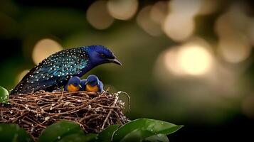 A vibrant bird caring for its two chicks in a lush green nest with a blurred natural background photo