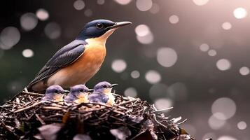 A mother bird watches over her three chicks in a cozy nest, with a dreamy bokeh background photo