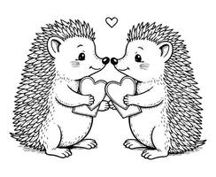 Hedgehogs in valentine coloring page vector