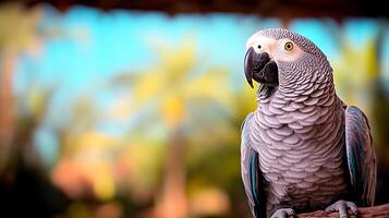 A vibrant gray parrot perched against a tropical backdrop, showcasing its colorful feathers and curious expression photo