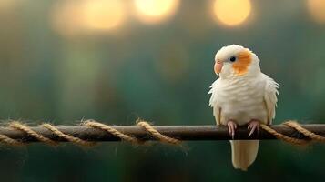 A serene white and orange bird perched on a rustic branch, surrounded by a blurred green background photo