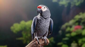 A vibrant parrot perched on a branch amidst a lush, tropical background with soft lighting photo