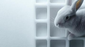 A serene white rabbit perched on a clean, modern surface with soft lighting, evoking calmness photo