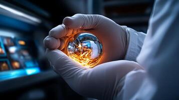 A scientist in a lab holding a glowing orb, with digital screens displaying data in the background photo