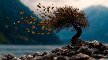 A solitary tree with swirling autumn leaves by a serene lake surrounded by mountains photo