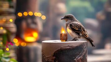 A serene bird perched on a candle holder amidst a tranquil garden setting with soft lights photo