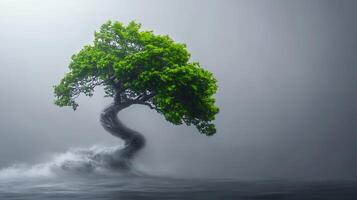 A solitary, twisting tree stands resilient against a misty backdrop, symbolizing strength and endurance photo