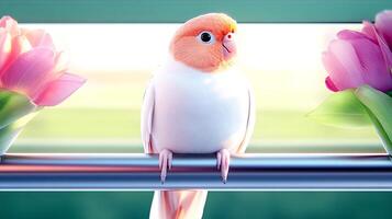 A vibrant bird perched on a metallic rail, surrounded by blooming tulips, with a soft background glow photo