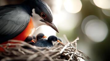 A vibrant bird nurturing its chicks in a cozy nest, surrounded by a soft, blurred natural background photo