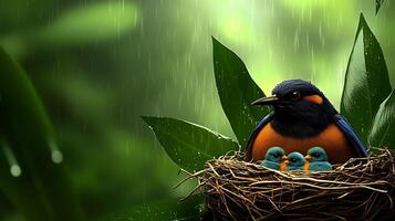 A vibrant bird tending to its three chicks in a lush, rain-soaked jungle environment photo