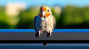 A vibrant bird perched on a railing, with greenery and blurred buildings in the background photo