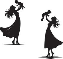 silhouette of a mother holding her baby up in the air. vector