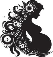 a black silhouette of a pregnant woman with long, flowing hair. vector