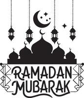 Ramadan Mubarak greeting, stylized lettering simple mosque silhouette vector