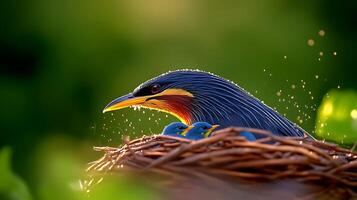 A vibrant bird perched in a nest surrounded by lush greenery, with sunlight filtering through photo