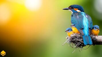 A vibrant kingfisher perched on a nest with three chicks, set against a blurred nature background photo