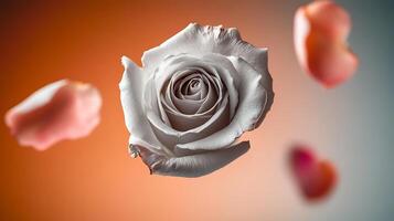 A stunning close-up of a white rose surrounded by floating pink petals against a gradient background photo