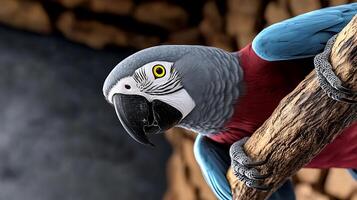 A vibrant macaw perched on a branch in a natural setting with blurred rocky background photo