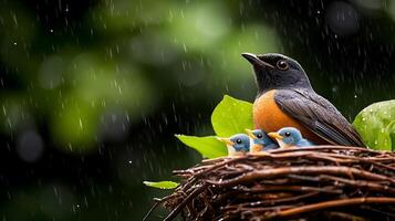 A mother bird sits protectively in a nest with three blue chicks, surrounded by lush greenery in the rain photo
