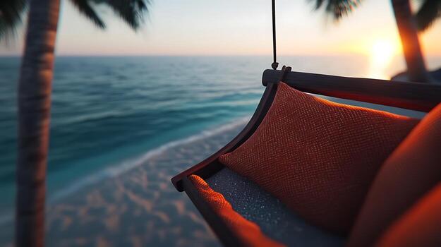 A serene sunset view from a beachside hammock, with gentle waves and palm trees in the background photo