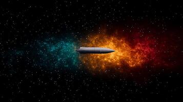 A sleek spacecraft gliding through a vibrant cosmic nebula with colorful gases and stars photo