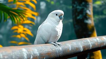 A serene white parrot perched on a wooden railing surrounded by lush greenery in a tranquil setting photo