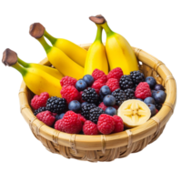 A basket of fruit with bananas, raspberries, and blueberries png