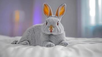 A serene gray rabbit lounging on a soft white bed, with a softly lit background creating a calm atmosphere photo