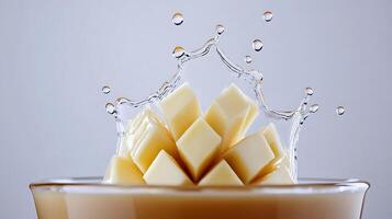A splash of creamy dessert with chocolate cubes creating dynamic droplets in a soft background photo