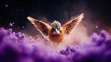 A vibrant bird soaring through colorful clouds, showcasing its wings in a dynamic pose photo