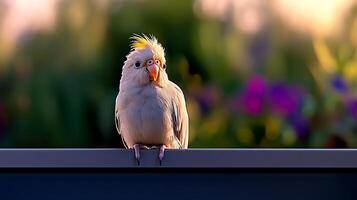 A vibrant bird perched on a railing, surrounded by colorful flowers and lush greenery photo