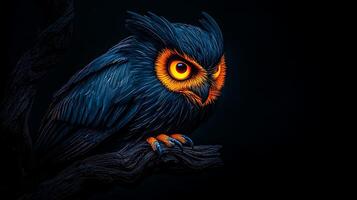 A strikingly colorful owl perched on a twisted branch against a dark background, showcasing vivid eyes photo