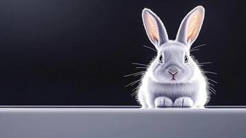 A serene white rabbit sitting on a table against a dark background, exuding calmness and tranquility photo