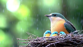 A vibrant bird sheltering its three chicks in a nest during a gentle rain in a lush forest photo