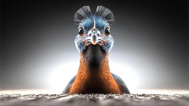 A striking close-up of a colorful bird with a unique crest, set against a soft gradient background photo