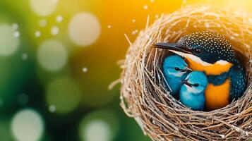 A vibrant kingfisher perched in a cozy nest with two chicks, surrounded by a blurred green background photo