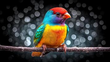 A vibrant, multicolored bird perched on a branch against a blurred bokeh background photo