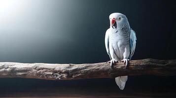 A vibrant parakeet perched on a branch, vocalizing in a dimly lit studio setting photo