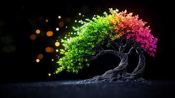 A vibrant, colorful tree with green and pink leaves against a dark background, illuminated by glowing particles photo