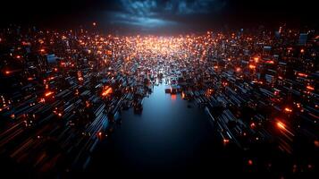 A vibrant, illuminated cityscape at night with glowing buildings and a reflective water surface photo